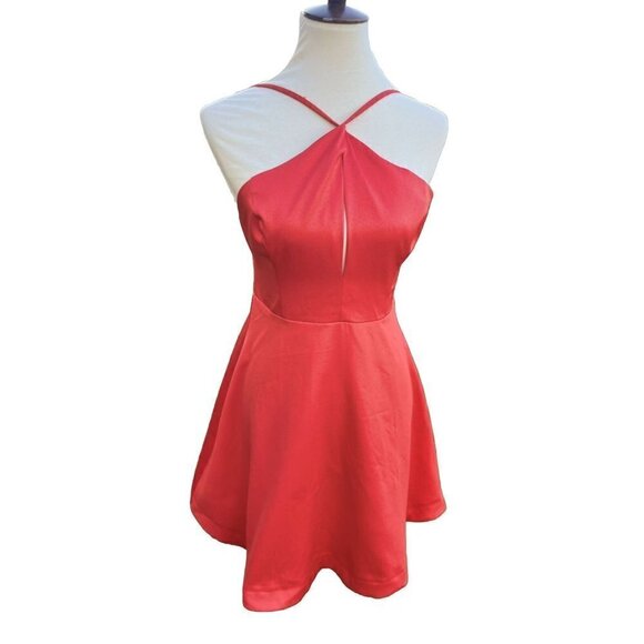 Lush Womens Fit & Flare Open Back Strappy Halter Flared Coral Dress Size M NWOT - Picture 2 of 16